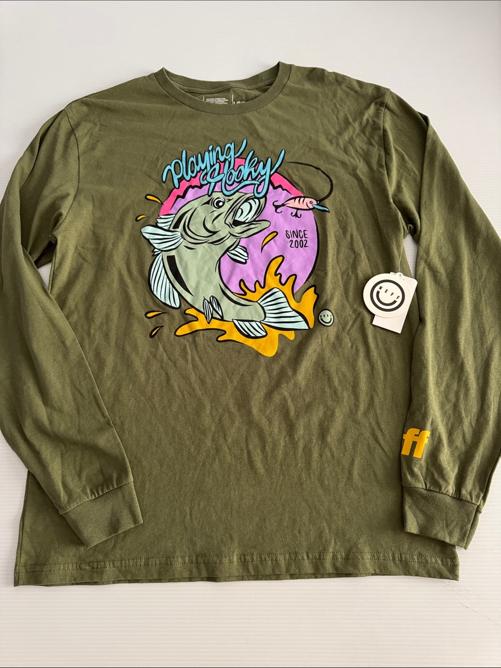 Neff Olive Green Long Sleeve Fishing Graphic Tee